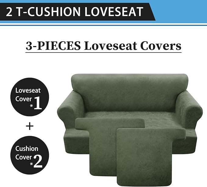 3-Pieces T Cushion Loveseat Slipcovers Leather Look Couch Cover Loveseat Covers for 2 Cushion Couch Furniture Protector Stretch Sofa Cover with 2 Individual T Cushion Seat Covers, Army Green