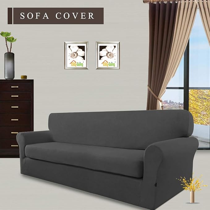 Easy-Going 2 Pieces Microfiber Stretch Sofa Slipcover – Spandex Soft Fitted Sofa Couch Cover, Washable Furniture Protector with Elastic Bottom Kids,Pet (Sofa, Dark Gray