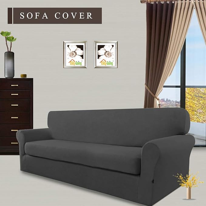 Easy-Going 2 Pieces Microfiber Stretch Sofa Slipcover – Spandex Soft Fitted Sofa Couch Cover, Washable Furniture Protector with Elastic Bottom Kids,Pet (Oversized Sofa, Dark Gray