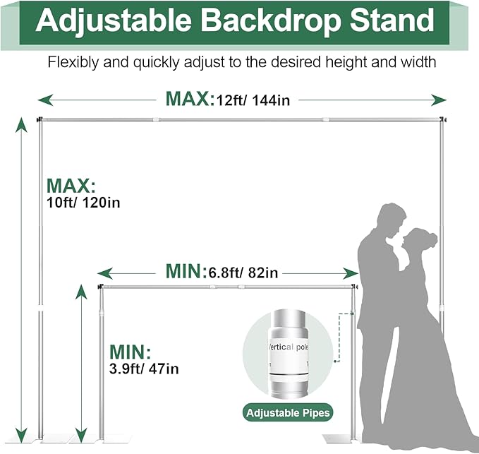 Pipe and Drape Backdrop Stand Kit 12x10ft, Heavy Duty Back Drop Adjustable Stand with Carry Bag, Metal Background Frame for Parties Wedding Birthday Decoration Photography Photo Booth Video - Silver