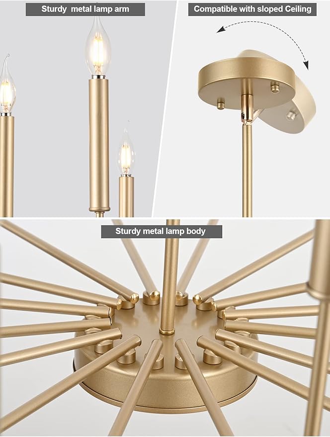 Modern Farmhouse Gold Chandelier, 16-Light Rustic Candle Chandelier, Industrial Hanging Chandeliers for Dining Room, Kitchen, Foyer, Entryway, Living Room