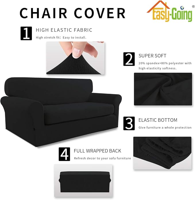 Easy-Going 2 Pieces Microfiber Stretch Sofa Slipcover – Spandex Soft Fitted Sofa Couch Cover, Washable Furniture Protector with Elastic Bottom Kids,Pet (Oversized Sofa, Black)