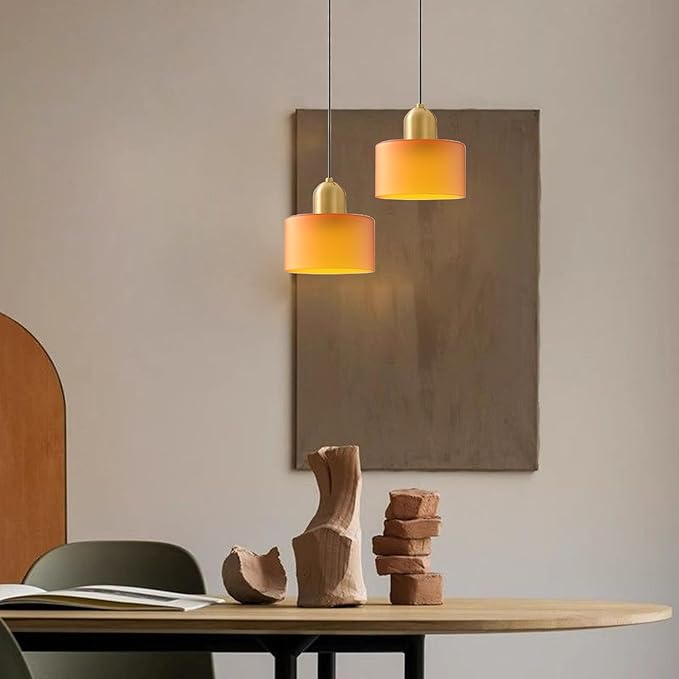 Modern Glass Pendant Light, E26 Hanging Light Fixture with Gold Metal Socket, Adjustable Cord Ceiling Lighting for Kitchen, Dining Room, and Bedroom (Orange)