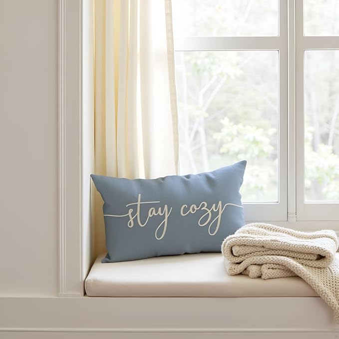 PANDICORN Dusty Blue Throw Pillow Cover 12x20 Inch, Stay Cozy Decorative Lumbar Cushion Case for Couch Sofa Bed, Neutral Farmhouse Living Room or Bedroom Home Decor