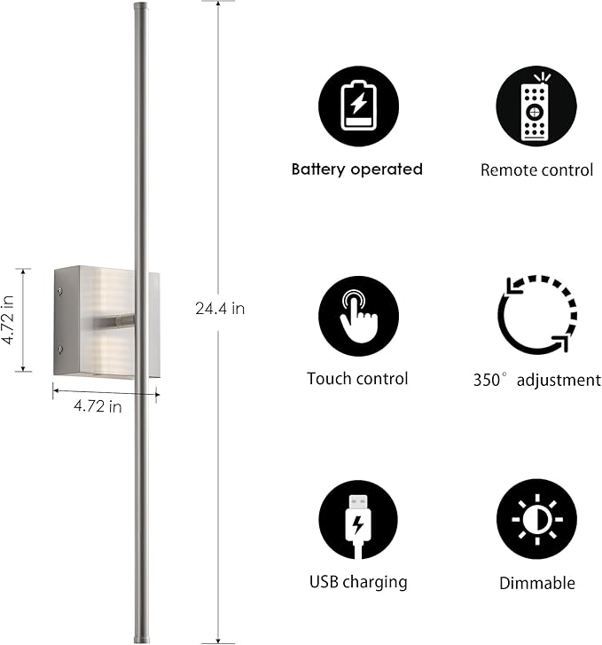 Battery Operated Wall Sconces with Remote Control, Dimmable Wall Sconces Set of Two, 350°Rotate, 3000K LED Nickel Wireless Wall Light for Living Room, Hallway, Bedroom, 24.4 Inch (2 Pack)