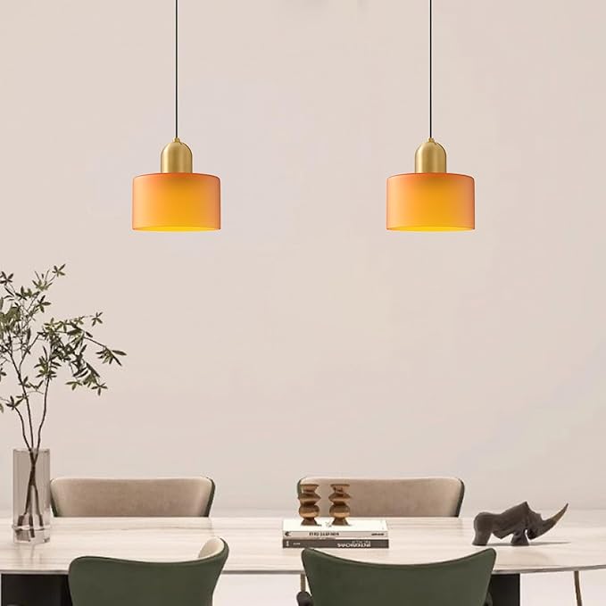 Modern Glass Pendant Light, E26 Hanging Light Fixture with Gold Metal Socket, Adjustable Cord Ceiling Lighting for Kitchen, Dining Room, and Bedroom (Orange)