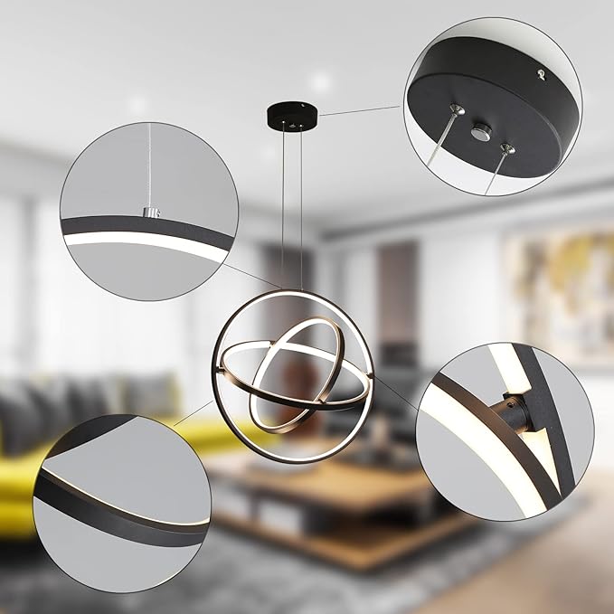 Modern LED Chandelier 3 Rings Black Circle Hanging Pendant Lighting Dimmable Round Ring Kitchen Island Chandelier Creative DIY for Dining Living Room Bedroom Height Adjustable