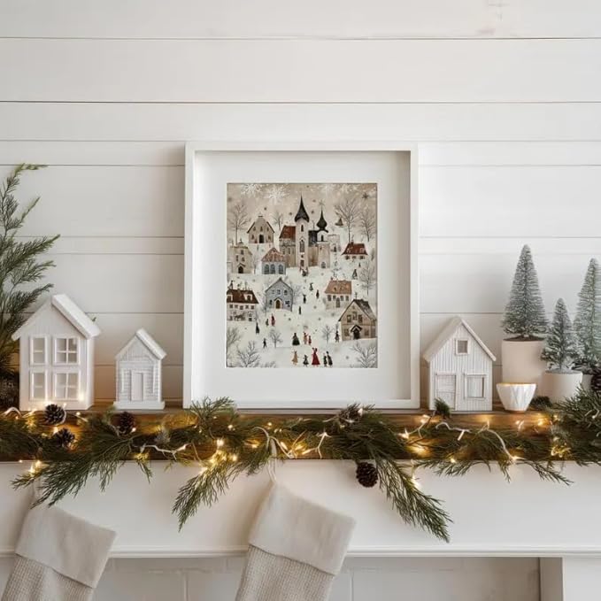OZCONO Scandinavian Winter Village Art, Neutral Nordic Christmas Decor, Whimsical Holiday Home Accent, Cozy Seasonal Wall Artwork, Xmas Print, Snowy Noel Design (Unframed) (20x30)