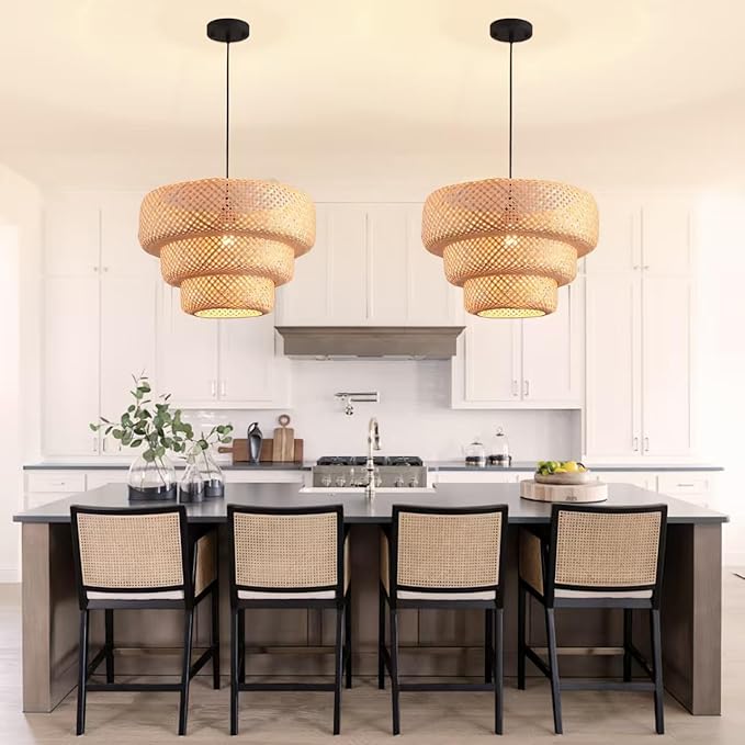 18.12 Inch Bamboo Pendant Light 3-Tier Hand Woven Rattan Pedant Light for Kitchen Dining Room Bedroom Living Room Kitchen Island Coastal Pendant Light