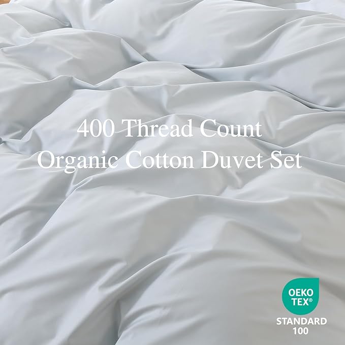 100% Organic Cotton Duvet Cover King 400 Thread Count Sateen Comforter Cover Soft and Breathable Cooling Bedding Set 3 Piece（Light Blue,King）