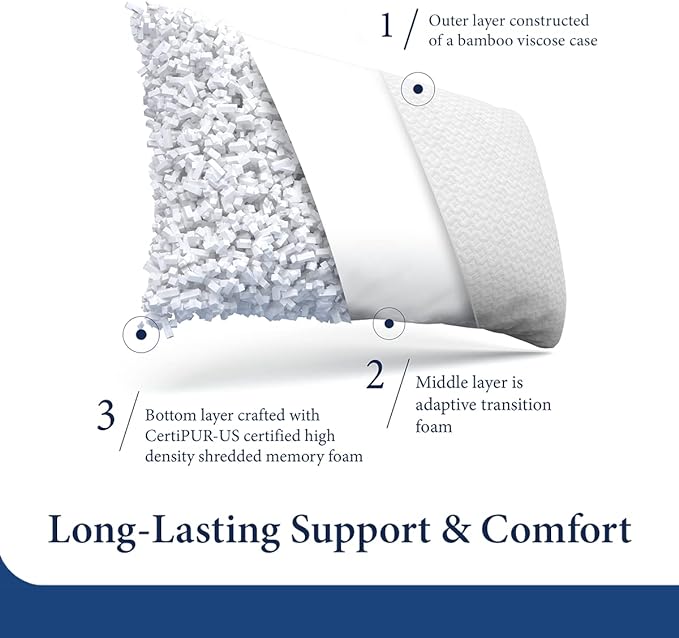 Cosy House Collection Luxury Rayon Derived from Bamboo Shredded Memory Foam Pillow - Adjustable & Removable Fill - Cool & Breathable Cover with Zipper for Side, Back, & Stomach Sleepers (King)