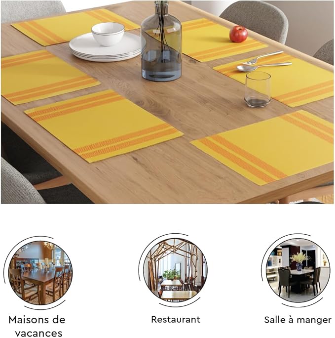 Encasa XO Dining Placemat Set of 6 | Solid Ladder Lemon Color | Fine Ribbed Cotton Table mat | Size 18x13 in |for Dining Table Fall Decoration, Holiday & Christmas Festivals - Machine Washable