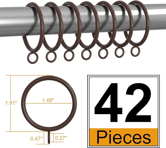 42 PCS Curtain Rings, 1.5 Inch Cocoa Tone Metal Curtain Drape Sliding Eyelet Rings-Hanging Rings for Curtains and Rods, Fits Up to 1 1/4-Inch Rod(Clips Not Included)