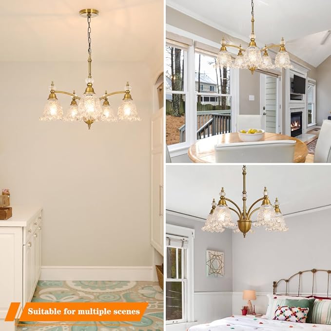 Vintage 5 Light Chandelier, Brass Dining Room Light Fixtures Over Table, Farmhouse Glass Chandelier Ceiling Light Fixture for Kitchen, Dinning, Foyer, Bathroom, Living Room