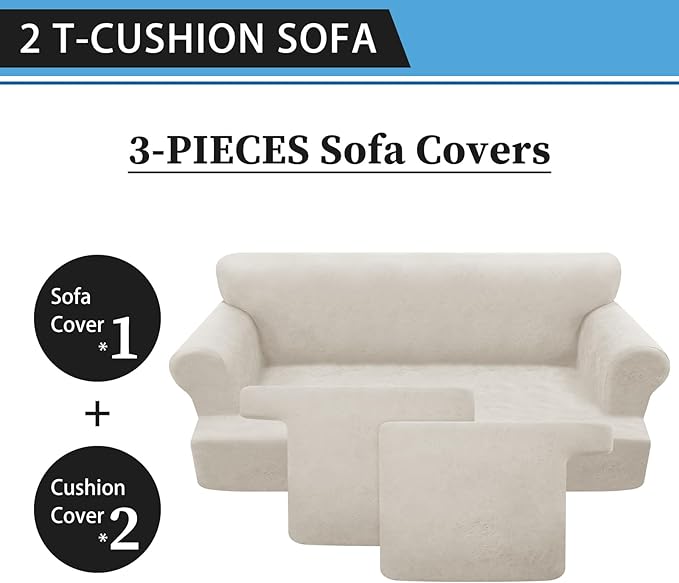 3-Pieces T Cushion Sofa Slipcovers Leather Look Couch Cover for 2 Cushion Couch Furniture Protector Stretch Sofa Cover with 2 Individual T Cushion Seat Covers Washable, Beige