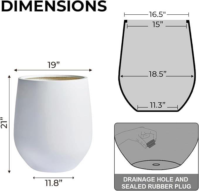 21"H x 19"D Corso Fiberstone Round Tapered Planter - Christmas Tree Planter, Smooth Finishes, Weather Resistant for Indoor & Outdoor Use, Included 2 Extra Coco Mats (White, 15" Pot Opening)