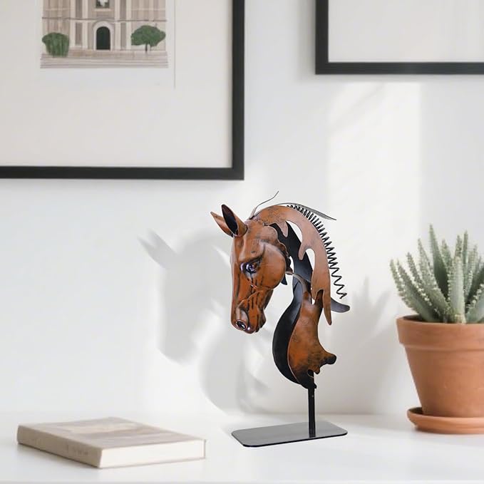 Handmade Horse Statue - Unique Rustic Decor for Office & Home - Hand-Painted Metal Sculpture - Handmade Horses Figurines Gifts for Women/Men (Blue) (Brown)