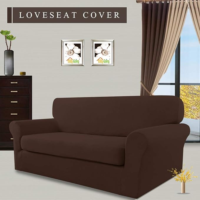 Easy-Going 2 Pieces Microfiber Stretch Sofa Slipcover – Spandex Soft Fitted Sofa Couch Cover, Washable Furniture Protector with Elastic Bottom Kids, Pet (Loveseat, Coffee)