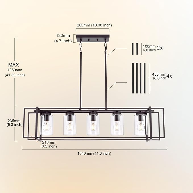 Oil Rubbed Bronze Kitchen Island Light Industrial Adjustable Pendant Lighting Open Rectangular Frame Design, 5-Light Vintage Fixture with Transparent Glass Shades