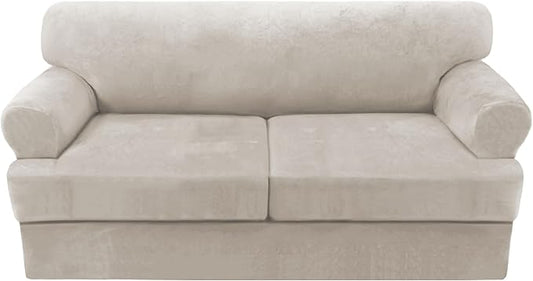 H.VERSAILTEX Sofa Cover 3 Piece T Cushion Loveseat Slipcovers Thick Velvet Couch Cover Stretch T Cushion Sofa Covers for 2 Cushion Couch with 2 Individual T Cushion Covers, French Oak