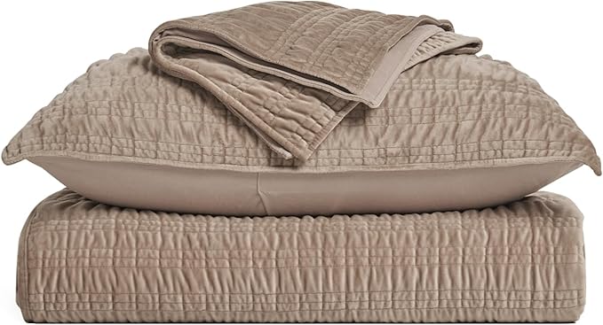EverGrace Velvet Quilt Queen Size, Luxury Velvet Bedding Set, Ultra Soft Ruched Quilt Sets, Lightweight Comforter Vintage Textured Bedspread Coverlet with 2 Shams for All Season, Khaki Tan