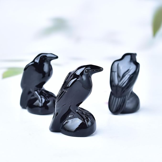 Natural Obsidian Crystal Raven Statue 2" Healing Crystal Handmade Sculpture Lucky Guardian Pocket Statues Reiki Meditation Office Home Decoration Gift