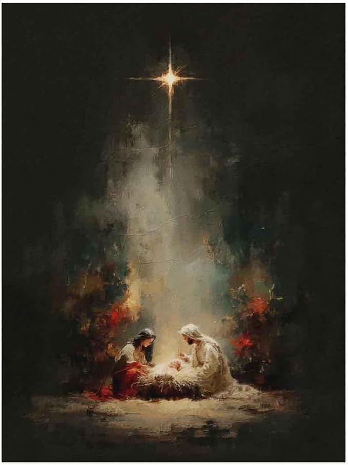 Holy Family Portrait Nativity Print Painting,Bethlehem Night Scene,Christmas Starry Night Nativity Scene Wall Art,Religious Canvas Print,Christian Home Decor