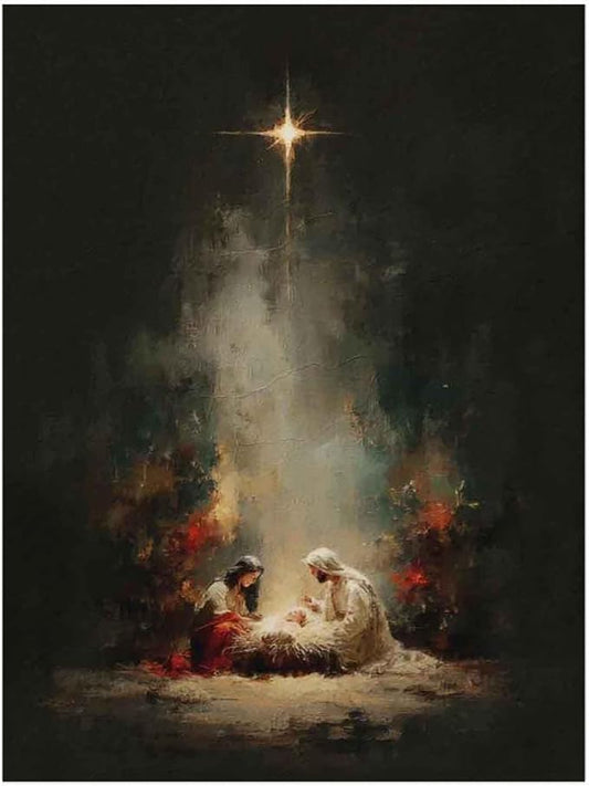 Holy Family Portrait Nativity Print Painting,Bethlehem Night Scene,Christmas Starry Night Nativity Scene Wall Art,Religious Canvas Print,Christian Home Decor