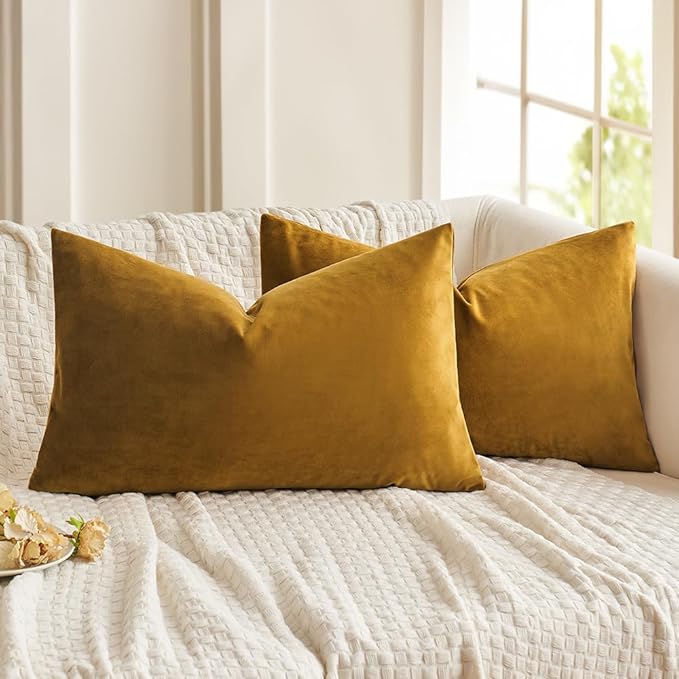 MIULEE Pack of 2 Mustard Yellow Pillow Covers 12x20 Inch Decorative Velvet Throw Pillow Covers Modern Soft Couch Throw Pillows Farmhouse Home Decor for Fall Sofa Bedroom Living Room