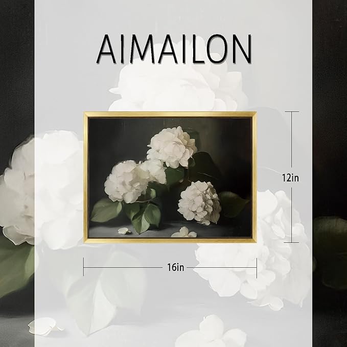 AIMAILON Vintage Gold Canvas Wall Art Framed Decor Classical Botanical Aesthetic Picture Blooming White Hydrangea Flowers Artwork Retro Light Boho Print Desktop Decoration 12x16