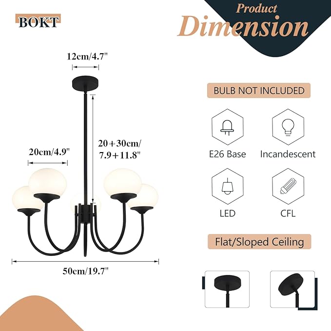 BOKT 5 Lights Mid Century Chandelier Light Fixture Black Sputnik Pendant Lights Milk Glass Globe Chandelier Adjustable Modern Farmhouse Dining Room Sputnik Kitchen Island Lighting BPL01-BK-5