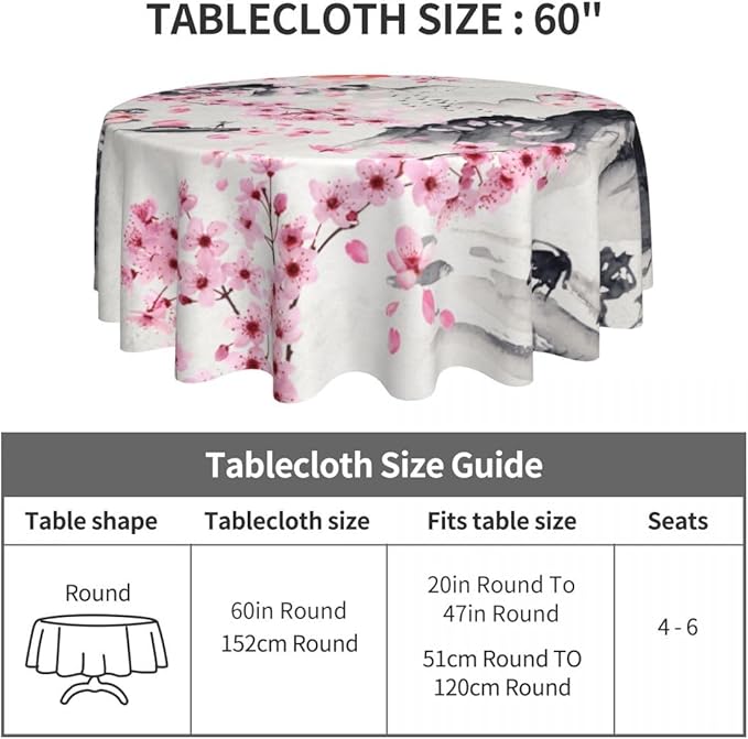 Japanese Tablecloth, Traditioanal Cherry Blossom Chinese Landscape Oriental Vintage Water Resisitant Wipeable Table Cover for Dining Kitchen Living Room Home Party Holiday Decor 36 inch Round