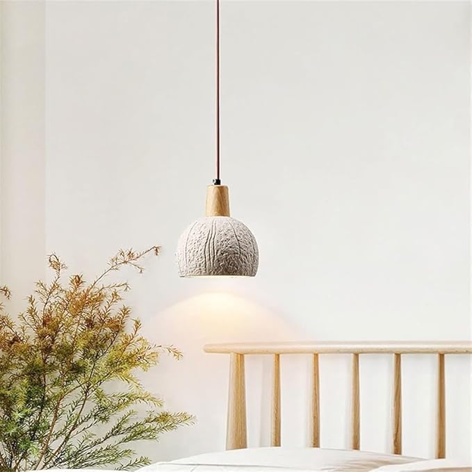 Cement Pendant Light Minimalist Industrial Hanging Lamp Wood Top Globe Pendant Fixtures for Bedroom Bedside Dining Room Kitchen Island Lighting