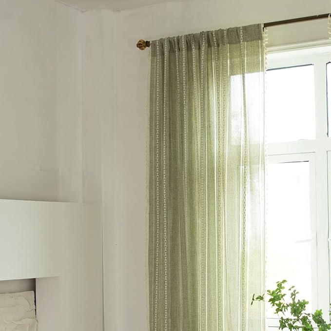 Sutuo Home Boho Curtains for Bedroom Living Room 84 Inches Long, Light Filtering French Country Farmhouse Vintage Chic Tassels Hollow Window Treatment Bohemian Drape, 1 Panel 52"W x 84"L, Sage Green