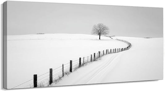 GUTTATY Christmas Winter Scene Canvas Wall Art, Snowy Farm Fence and Tree Pictures, Monochrome Print with Minimalist Artwork Style, Peaceful Posters for Living Room Bedroom Decor, 60x30 Inch