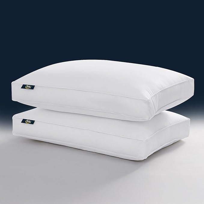 Serta Hotel Collection Pillows King Size Set of 2 White Goose Feather Down Fiber Gusseted 100% Cotton Pillow for Back, Stomach or Side Sleepers