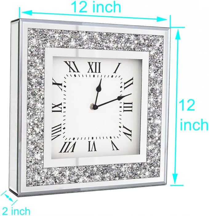 Crystal Crush Diamond Mirrored Square Wall Clock with Sparkle Twinkle Bling Diamond Decor for Wall Decoration, 12x12inch Decorative Silver Mirror Quartz Clock for Home Decor. AA Battery not included