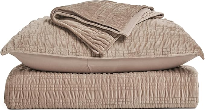 EverGrace Velvet Quilt King Size, Luxury Velvet Bedding Set, Ultra Soft Ruched Quilt Sets, Lightweight Comforter Vintage Textured Bedspread Coverlet with 2 Shams for All Season, Khaki Tan