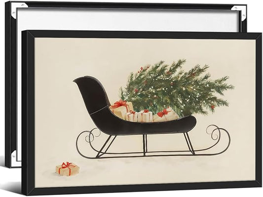 Winter Holiday Sleigh Canvas Wall Art Vintage Christmas Tree Poster Retro Botanical Pine Tree Sketch Painting Prints 24x36 inch Black Framed for Living Room Bedroom Wall Decor