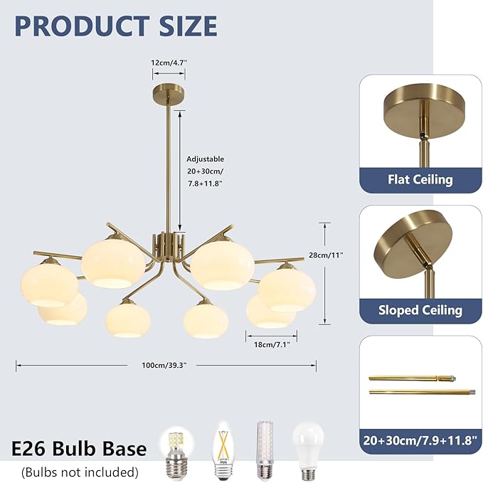 KCO Lighting 8-Lights White Glass Globe Sputnik Chandelier Mid Century Modern Gold Semi Flush Mount Ceiling Light Sputnik Chandeliers Milk Glass Ball Chandelier Kitchen Island