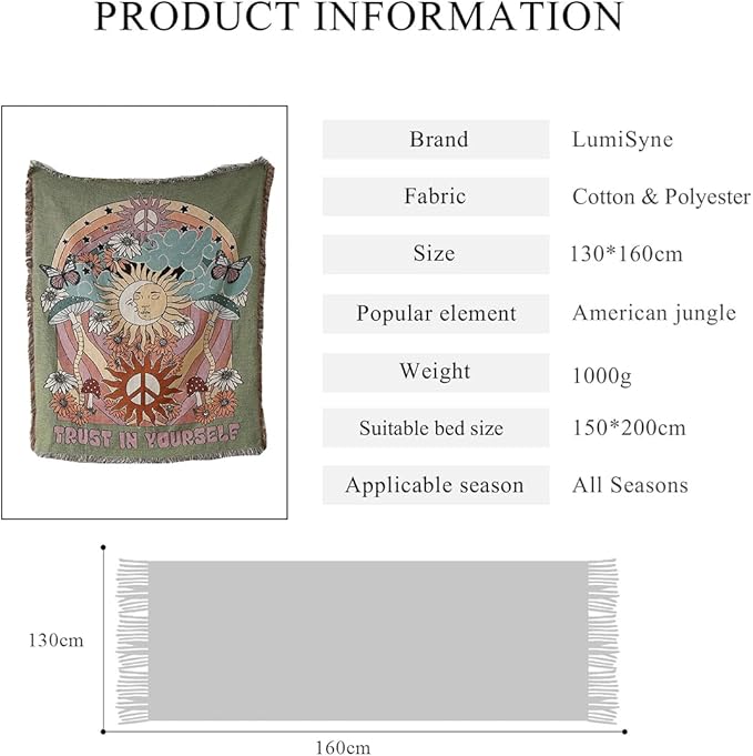 Double-Sided Cotton Woven Throw Blanket with Tassel Jungle Bohemian Style Tapestry Shawl Multi-Function Decorative Throws for Sofa Bed Armchair Camping Blanket Tablecloth Carpet 160x130cm