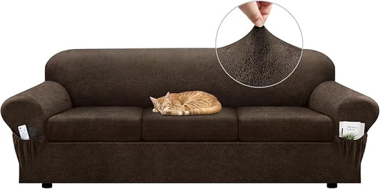 Sofa Slipcover with Armrest Pockets 4-Piece Set, Stretch Faux Leather Extra Large Couch Covers for 3-Cushion Couches(Fits 98-112") - Machine Washable, Pet & Kid Friendly - Brown