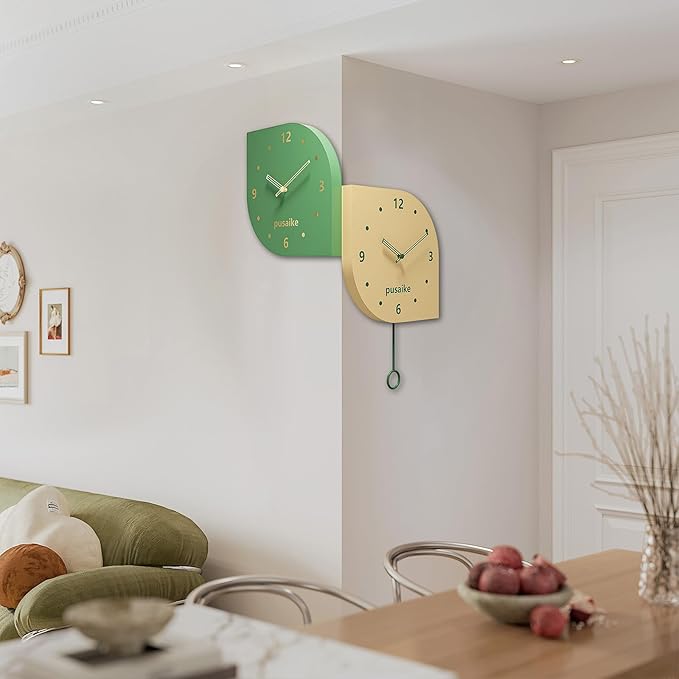 Corner Wall Clock Double Sided with Pendulum, Decorative Silent Clock with 2 Silent Quartz Movement Battery Operated for Indoor Living Room Bedroom Kitchen Office