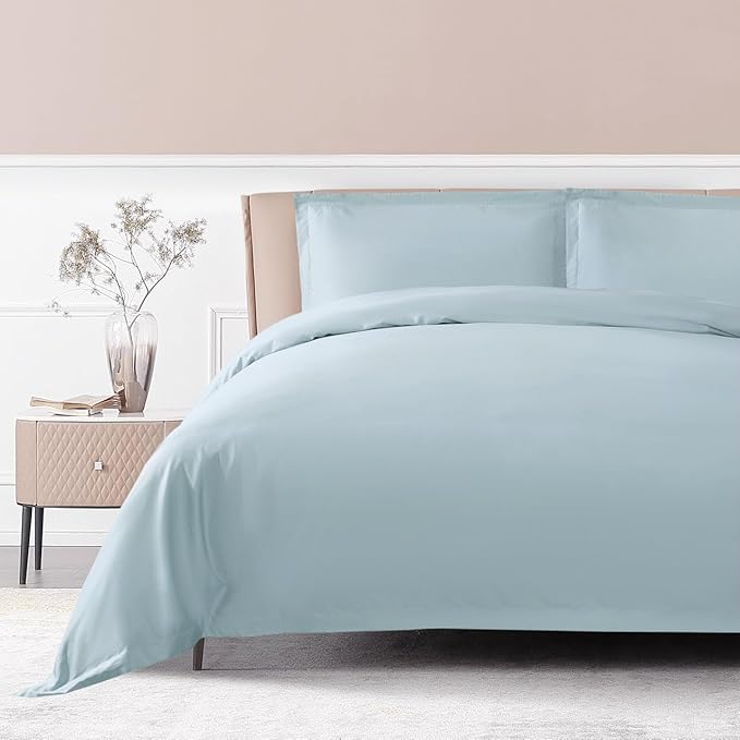 THE COTTON & SILK®️ 100% Luxury Long-Staple Cotton Duvet Cover Set - Soft & Breathable - Include 1 Duvet Cover with Corner Ties & Hidden Zipper, 2 Pillow Shams - Misty Blue, Queen Size