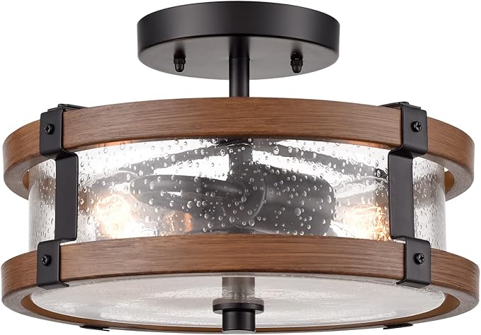 Farmhouse 2-Light Ceiling Light Fixture, Semi Flush Mount Ceiling Light with Seeded Glass Shade, Rustic Retro Ceiling Lamp for Kitchen Hallway Entryway