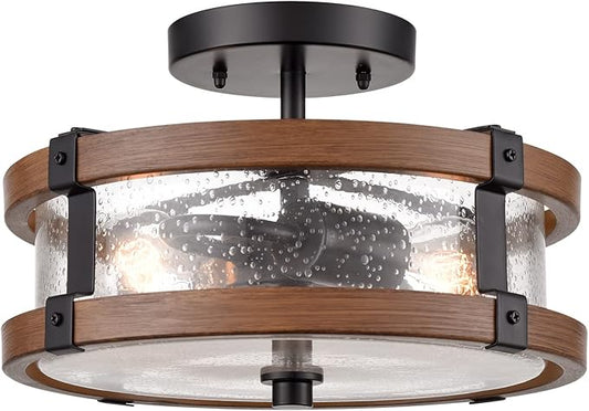 Farmhouse 2-Light Ceiling Light Fixture, Semi Flush Mount Ceiling Light with Seeded Glass Shade, Rustic Retro Ceiling Lamp for Kitchen Hallway Entryway