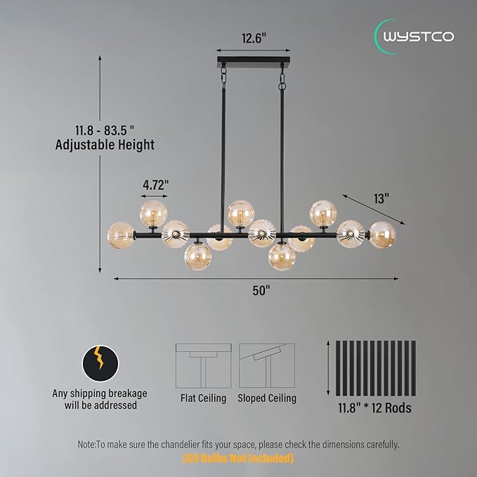 50 Inch Large Sputnik Globe Chandelier, 12-Light Mid Century Modern Light Fixture Over Table, Black Linear Chandeliers for Dining Room Kitchen Island Living (Amber Glass Bubble Shades)