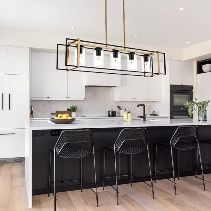 5-Light Farmhouse Chandelier Black and Brass Island Pendant Light Fixture with Clear Glass Shades, Rectangular Hanging Lighting for Kitchen or Dining Room