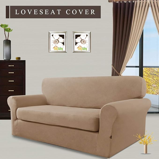 Easy-Going 2 Pieces Microfiber Stretch Sofa Slipcover – Spandex Soft Fitted Sofa Couch Cover, Washable Furniture Protector with Elastic Bottom Kids, Pet (Loveseat, Camel