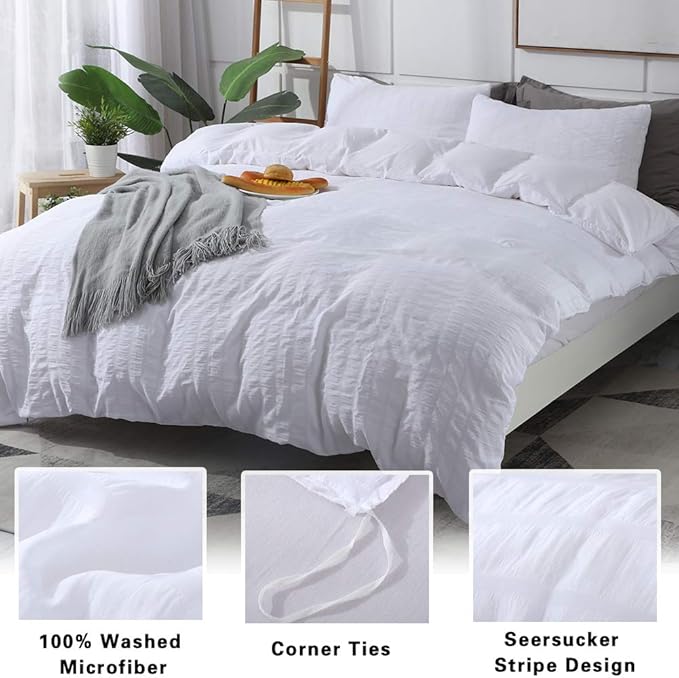 AveLom White Duvet Cover King (104 x 90 inches), 3 Pieces (1 Duvet Cover + 2 Pillow Cases), Seersucker Textured Ultra Soft Washed Microfiber, Textured Duvet Cover with Zipper Closure, Corner Ties